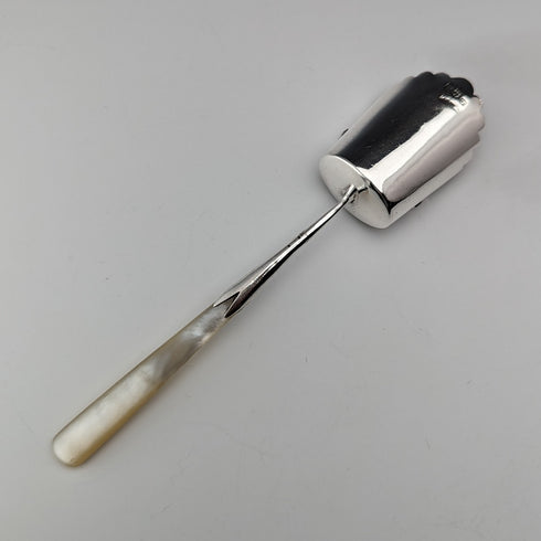 1911 British antique white mother-of-pearl handle sterling silver tea caddy spoon William Henry Leather